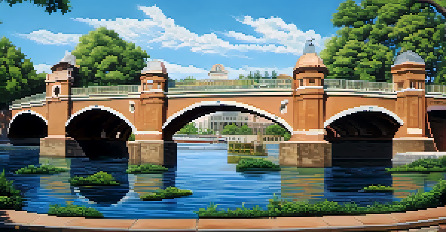 A mural of the Tower Bridge at the waterfront, surrounded by greenery and a clear blue sky.