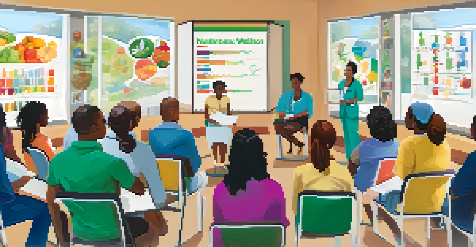 A community health workshop in a clinic with diverse participants listening to a healthcare provider about nutrition and wellness.