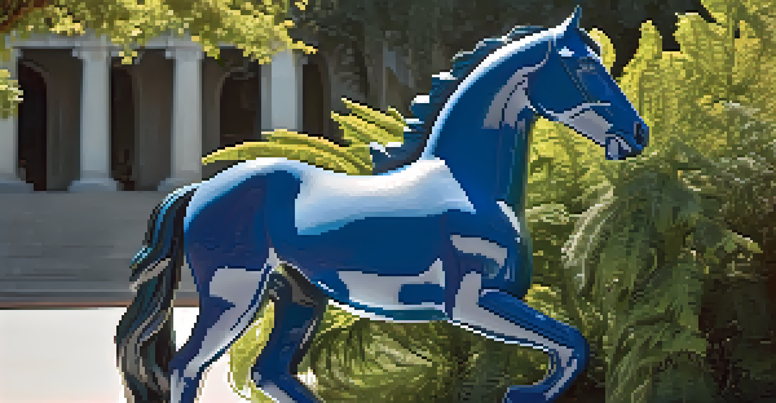 Close-up of the 'Blue Horse' sculpture in the garden of the Crocker Art Museum surrounded by greenery.