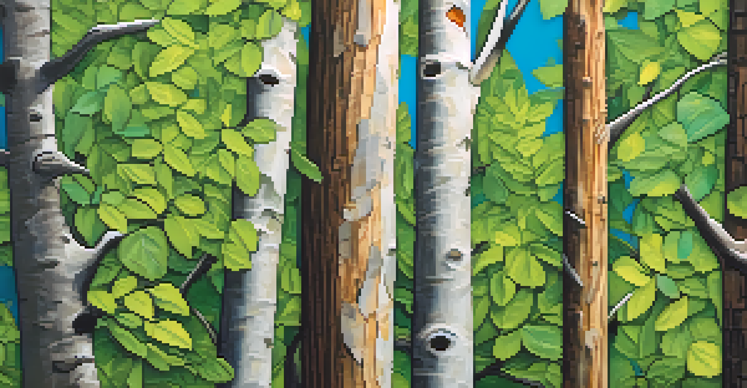 A detailed close-up of native trees with unique textures and vibrant green leaves, showcasing biodiversity in Sacramento's urban forest.