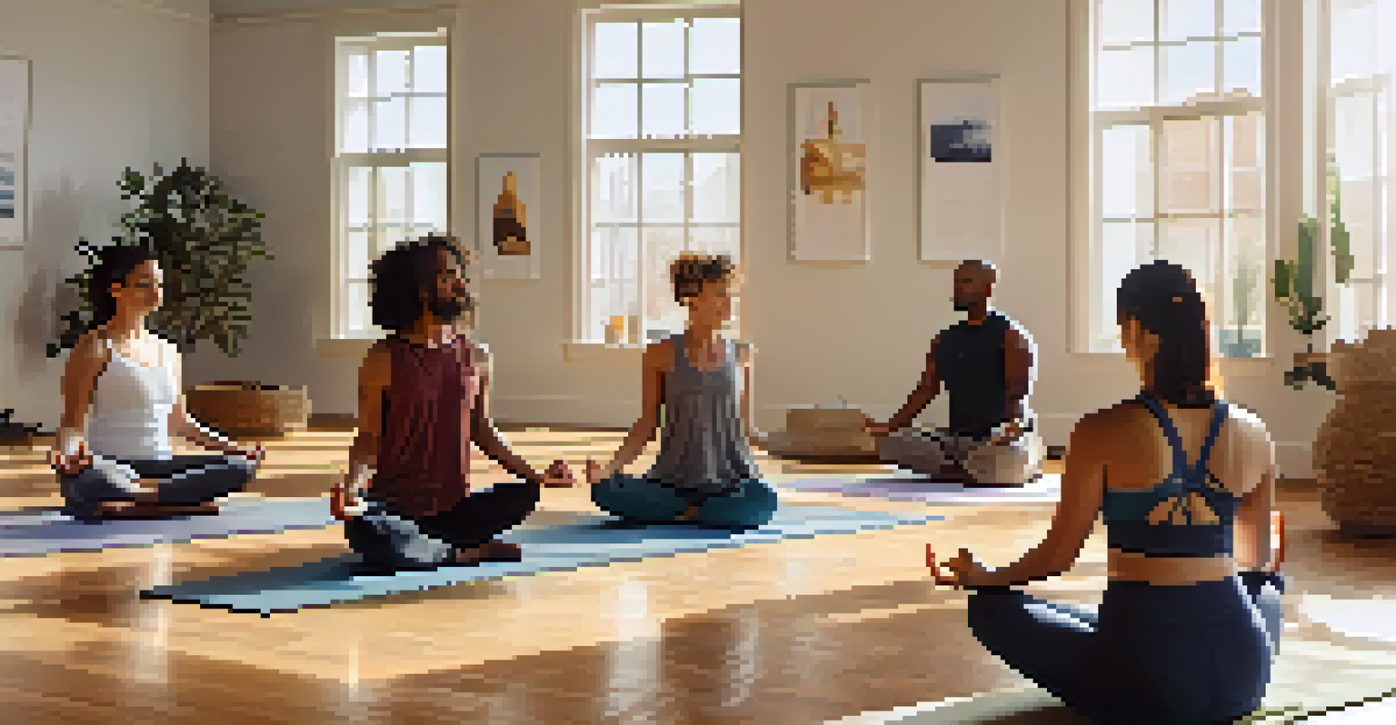 A diverse group practicing yoga in a bright and peaceful studio, engaged in mindfulness and relaxation.