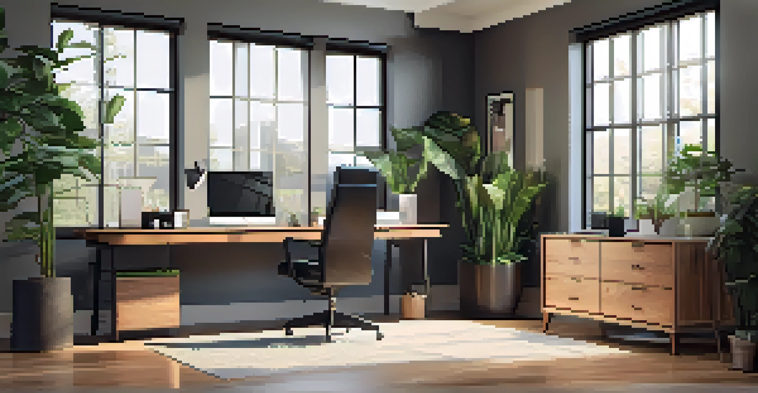 A modern home office with a stylish desk, plants, and large windows filled with natural light.