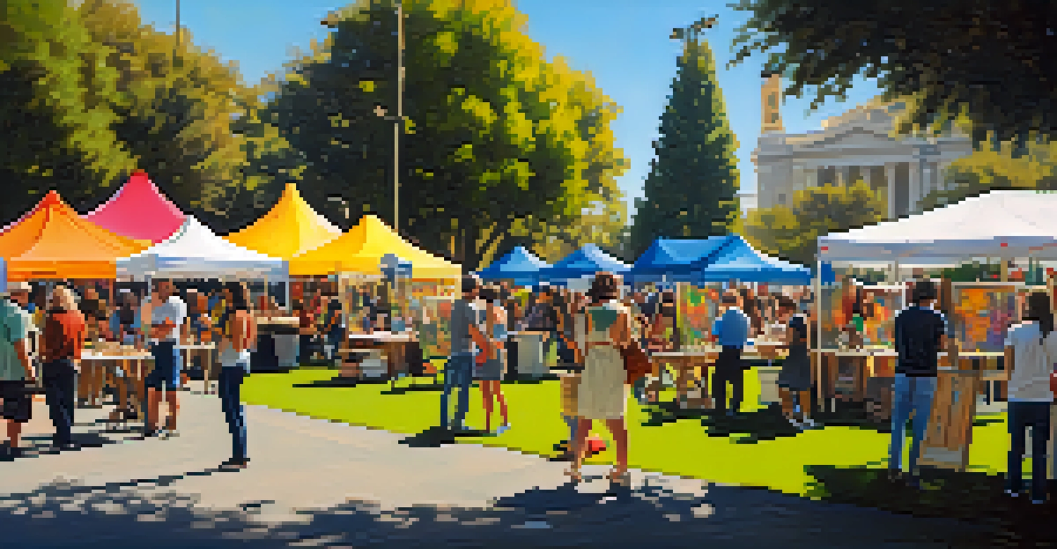 A lively outdoor art festival in Sacramento, with colorful booths and attendees engaging in workshops.