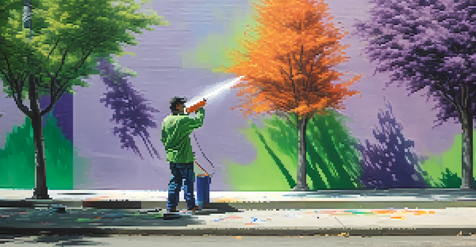 An artist painting a mural with bright colors in an urban area, surrounded by partially completed artworks and dappled sunlight.