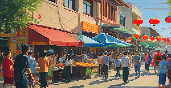 A lively street in Sacramento's Little Saigon with people enjoying Vietnamese food and traditional decorations.