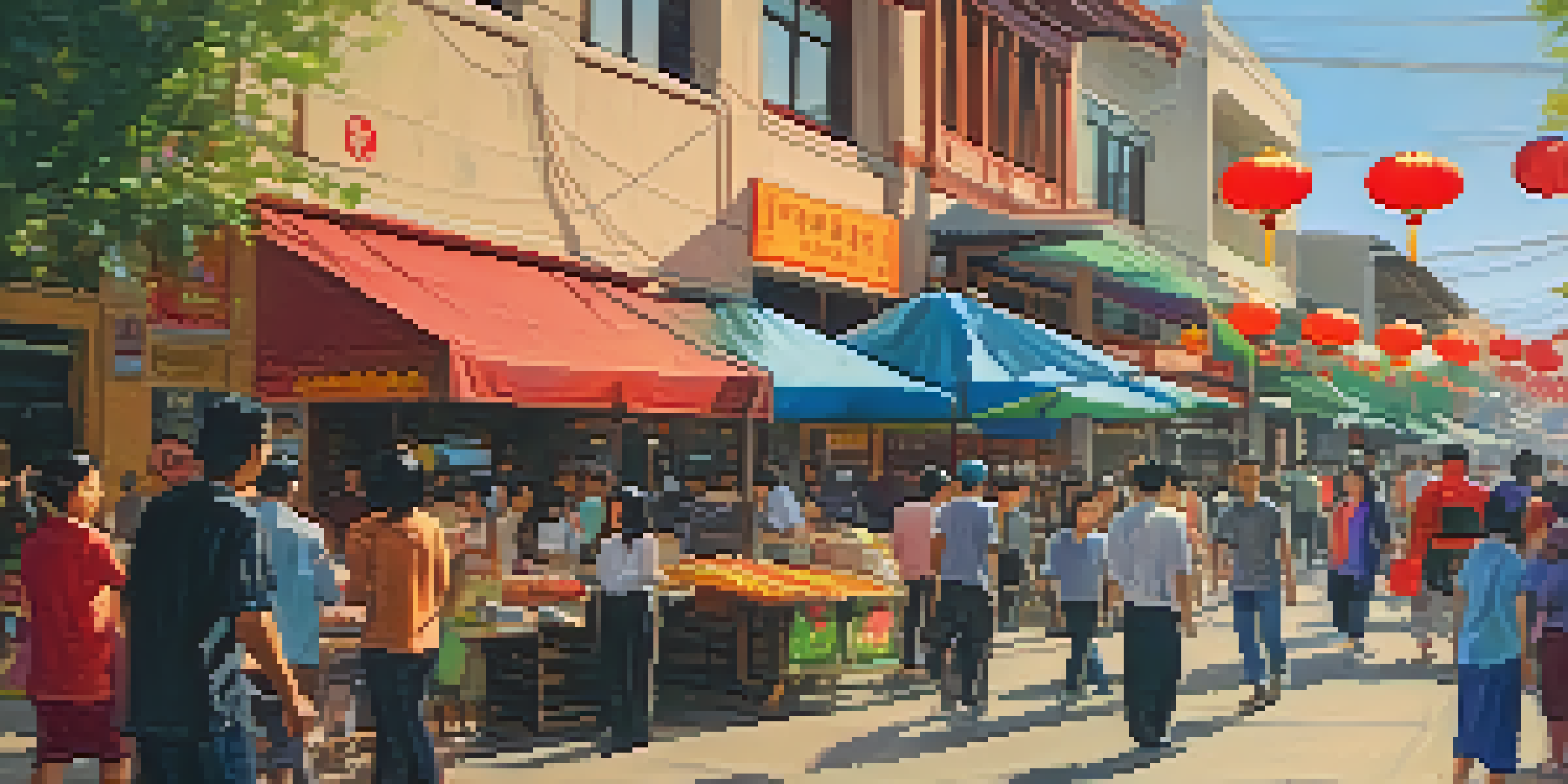 A lively street in Sacramento's Little Saigon with people enjoying Vietnamese food and traditional decorations.
