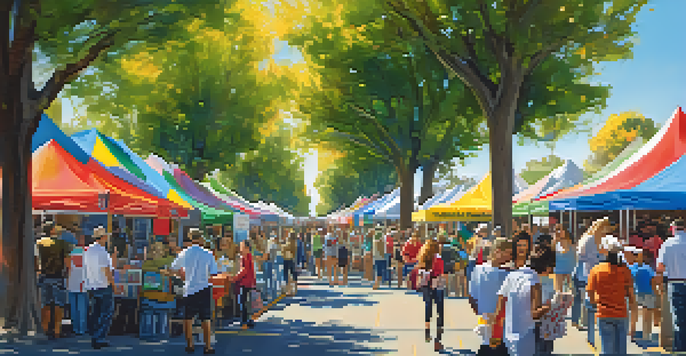 A lively community fair with booths from nonprofits, people interacting, children playing, and a clear blue sky.