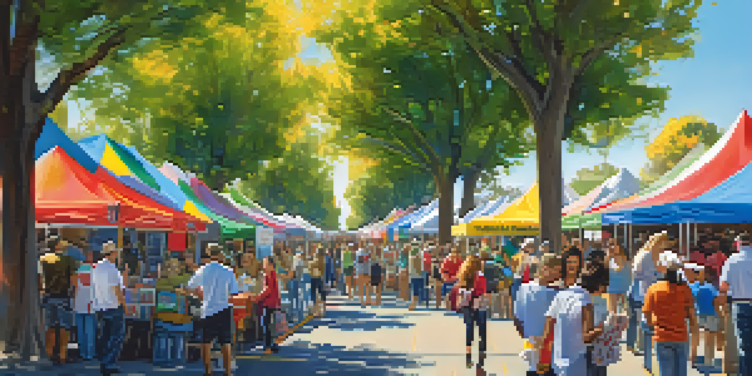 A lively community fair with booths from nonprofits, people interacting, children playing, and a clear blue sky.