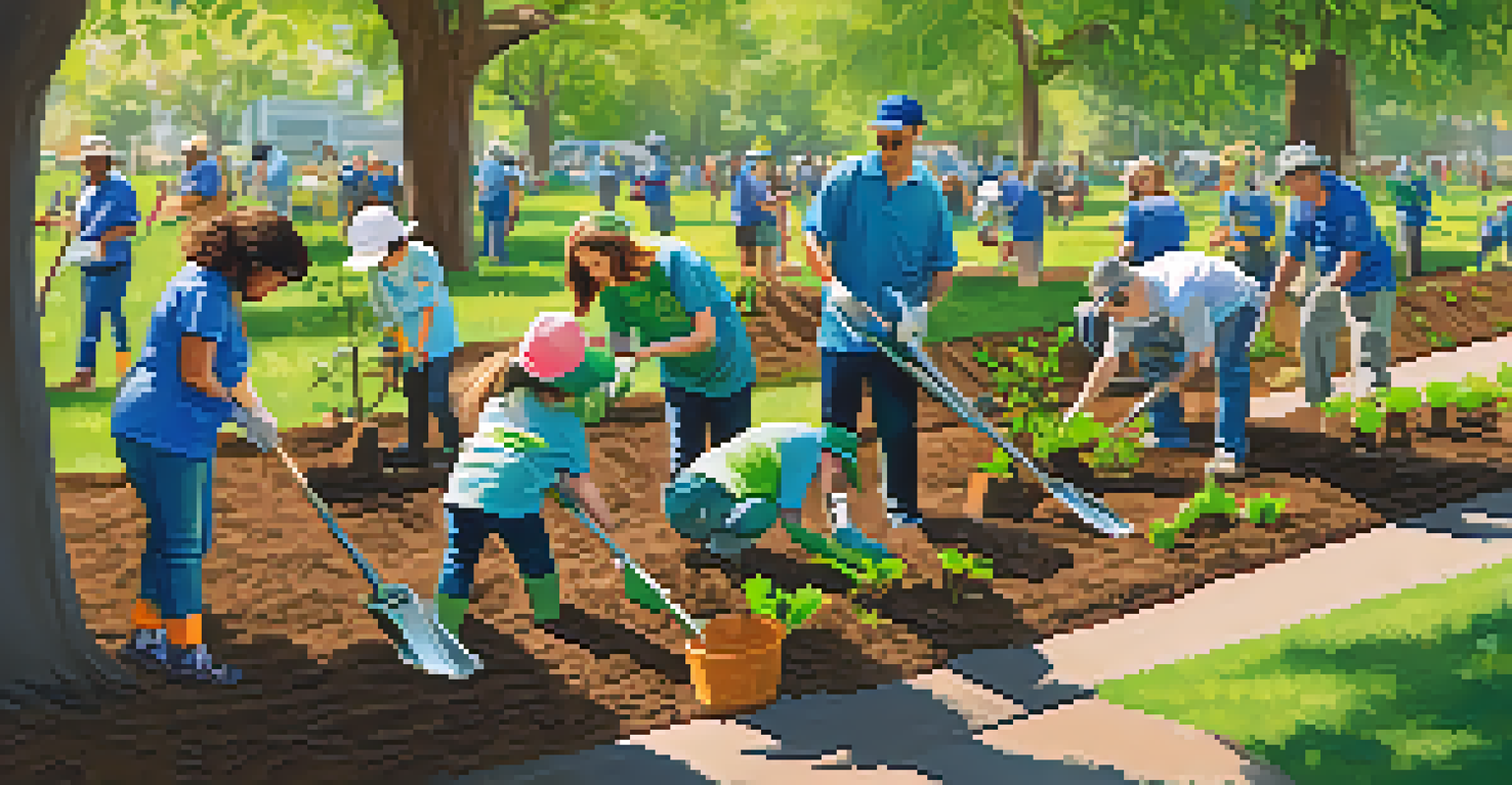 Volunteers planting young trees in a sunny park, illustrating community involvement in environmental sustainability.