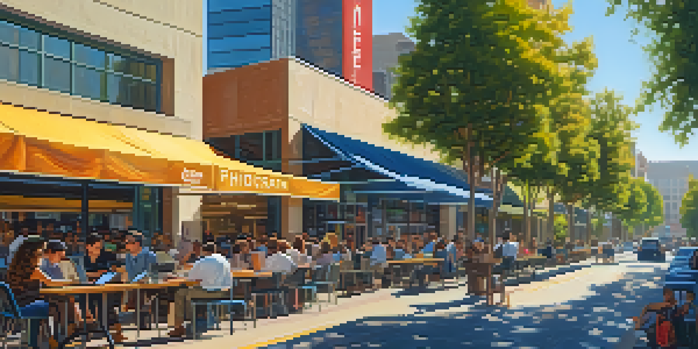 A lively Sacramento street filled with modern office buildings, outdoor cafes, and people using laptops in a sunny environment.
