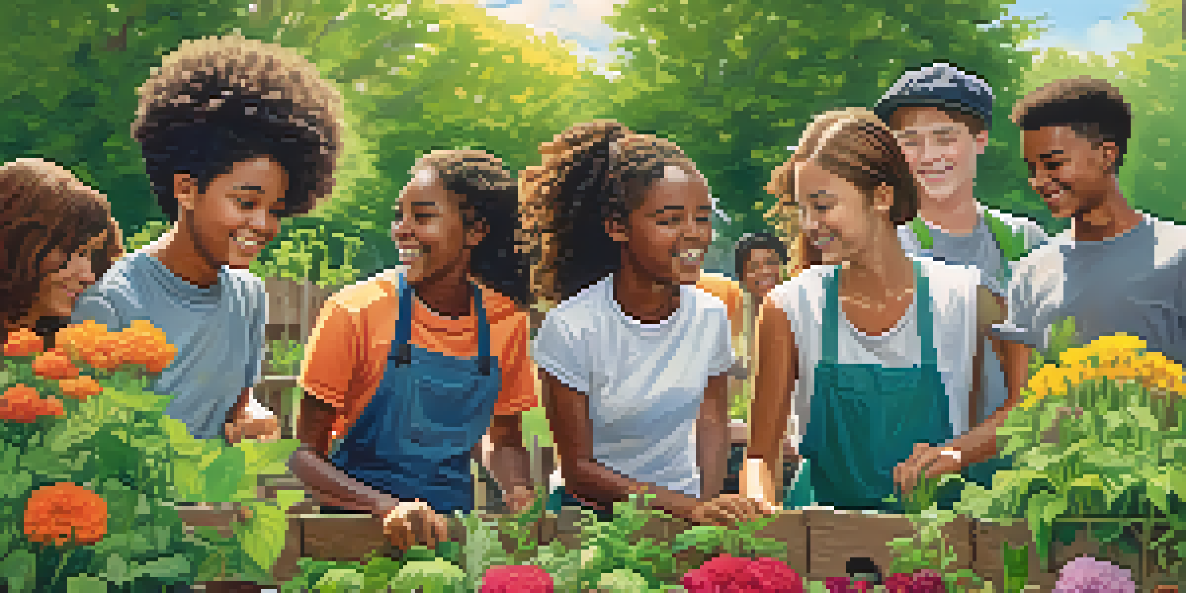 A group of diverse teenagers planting in a community garden under the warm sun, surrounded by colorful flowers and lush greenery.