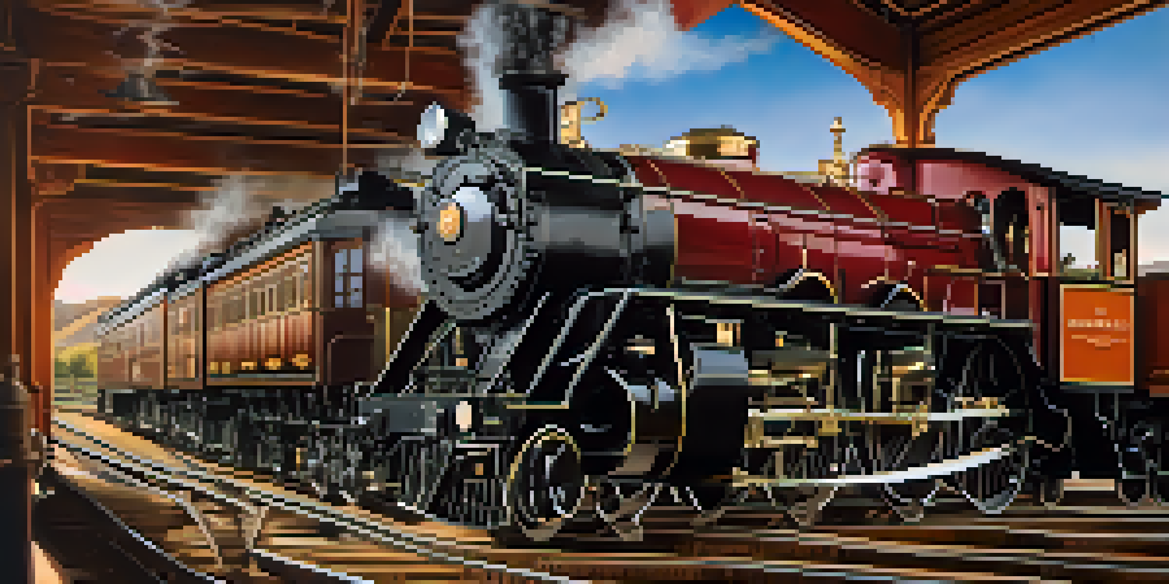 A restored steam locomotive displayed in a museum, with warm lighting emphasizing the details of the engine and surrounding vintage railroad items.
