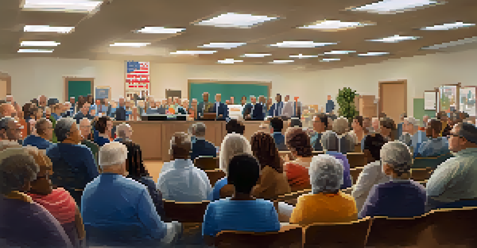 A town hall meeting with the mayor speaking to a diverse audience in a community center.