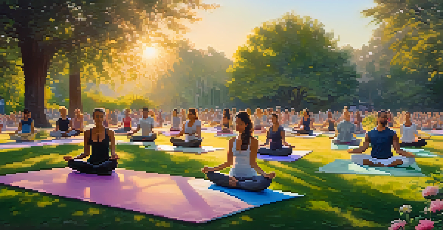 A group of people practicing yoga outdoors in a park during sunrise, surrounded by flowers and trees.