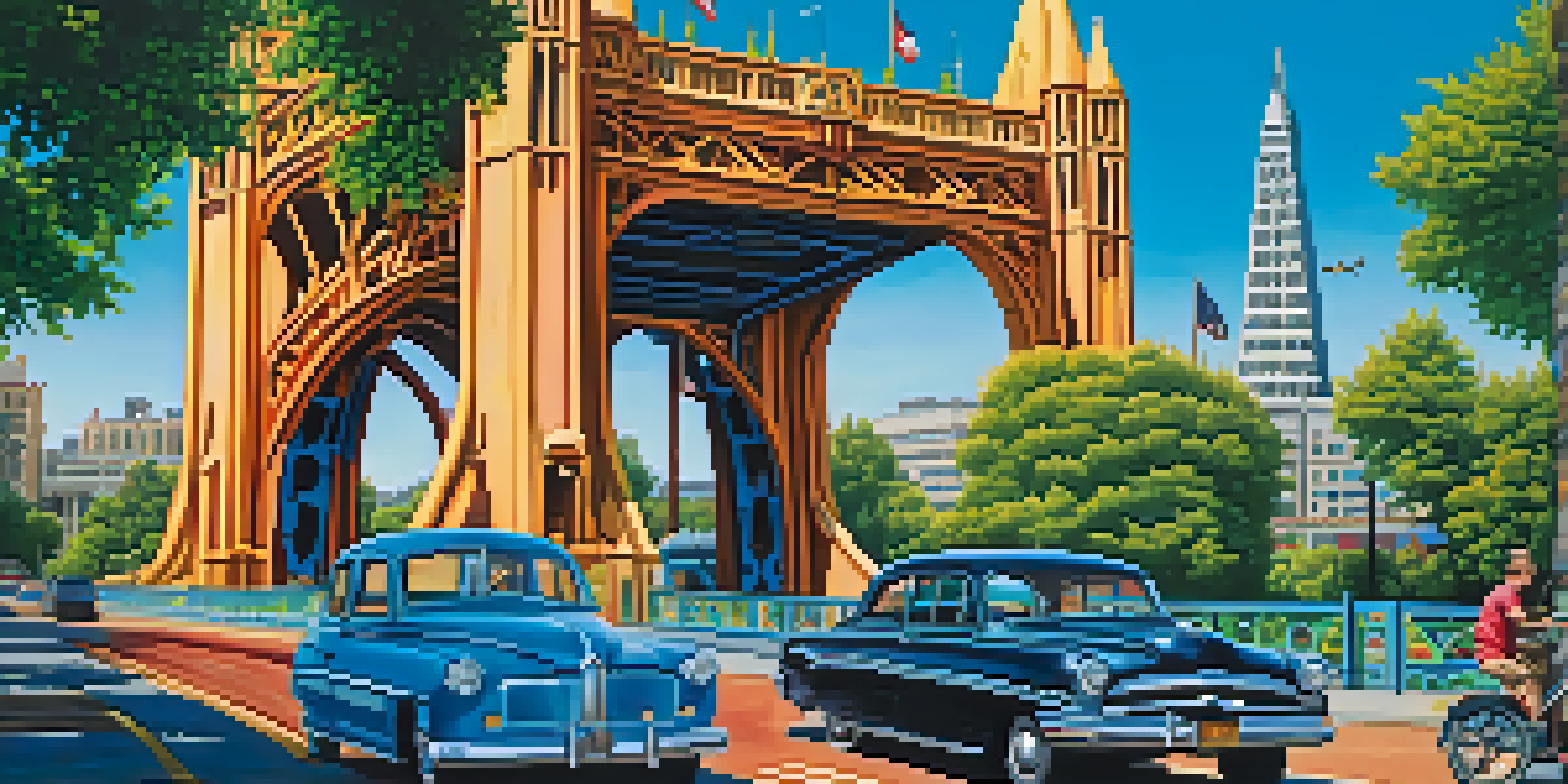 A colorful mural depicting the Tower Bridge in Sacramento with greenery around it.