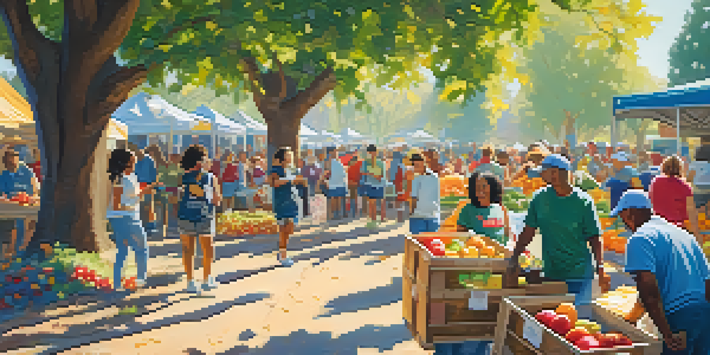 A lively food drive in a park with volunteers sorting and distributing food to families, surrounded by trees and colorful banners.