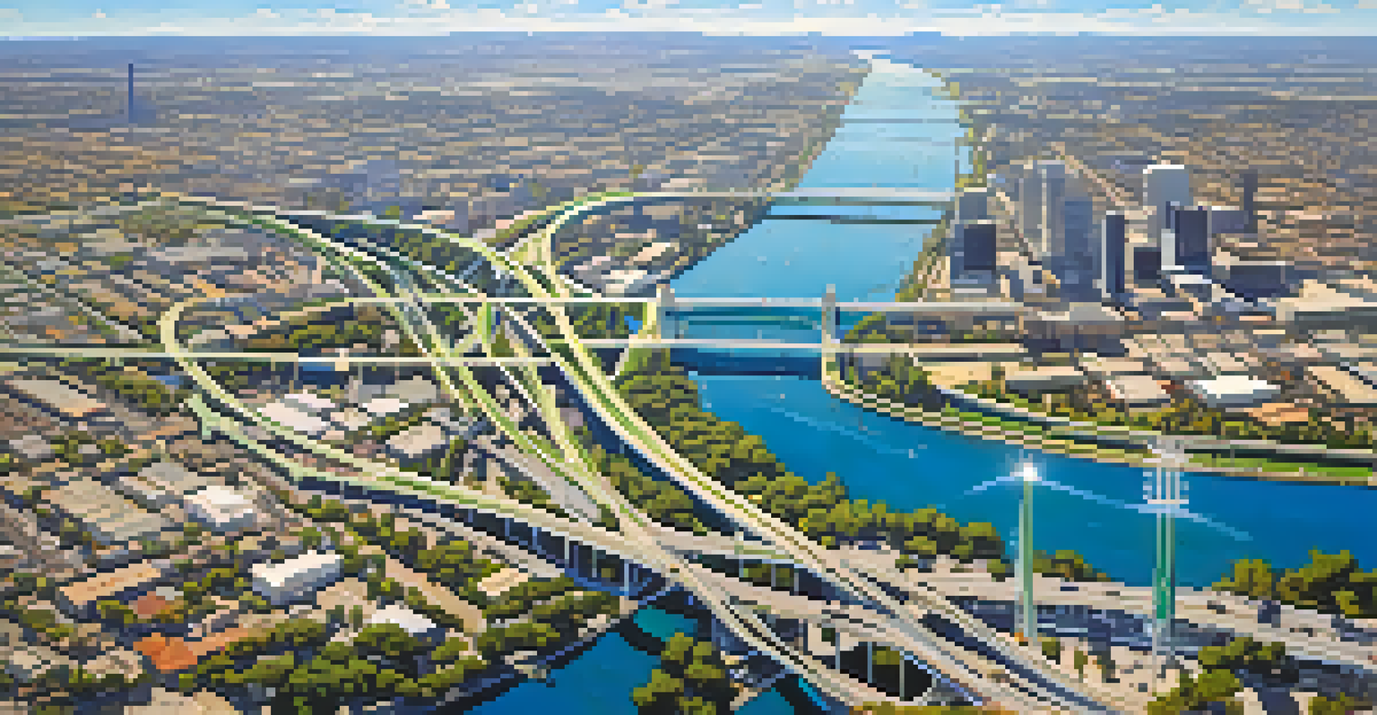 An aerial view of Sacramento showing highways, railways, and the Sacramento River under a clear blue sky.