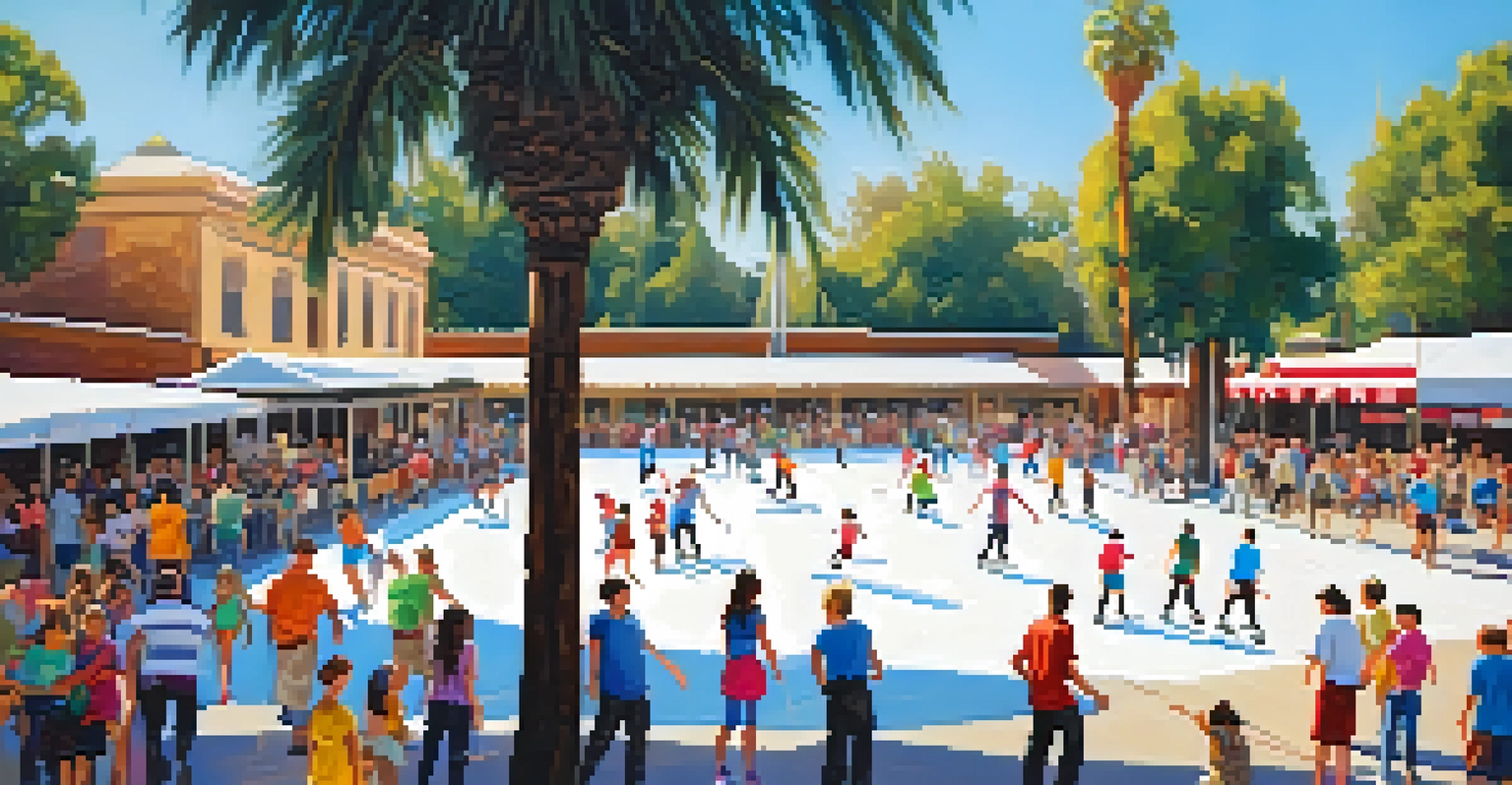 People ice skating at the Downtown Sacramento Ice Rink with palm trees in the background and a sunny sky.