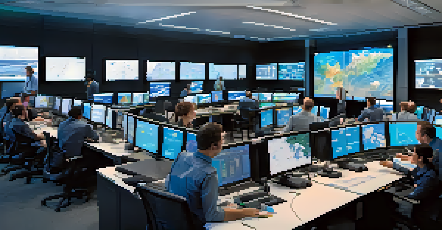 A modern command center for disaster response with professionals collaborating around technology and data displays.