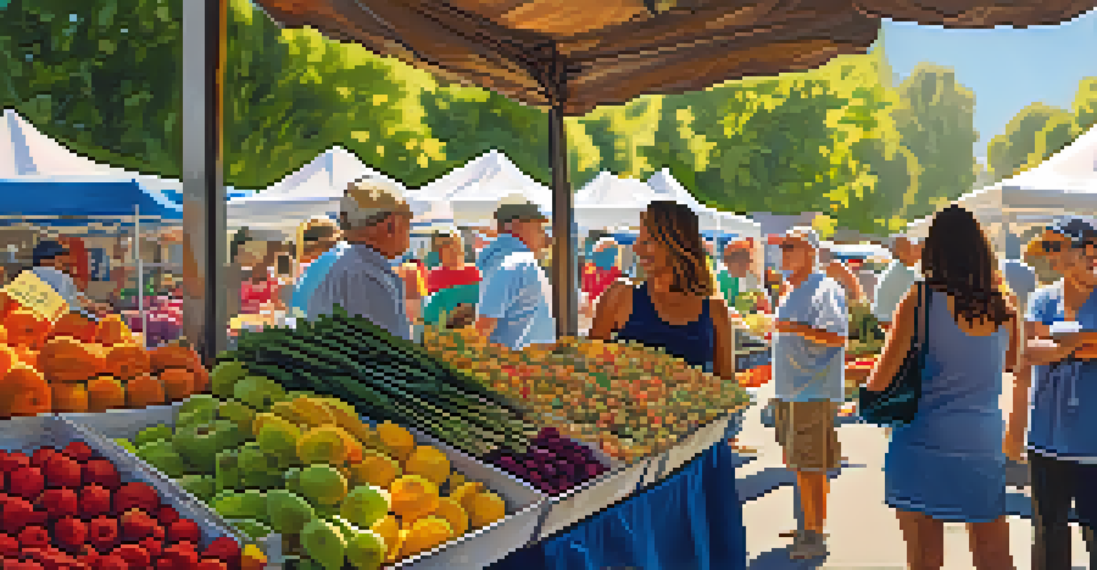 A close-up view of a vibrant farmers market with fresh fruits and vegetables on display.