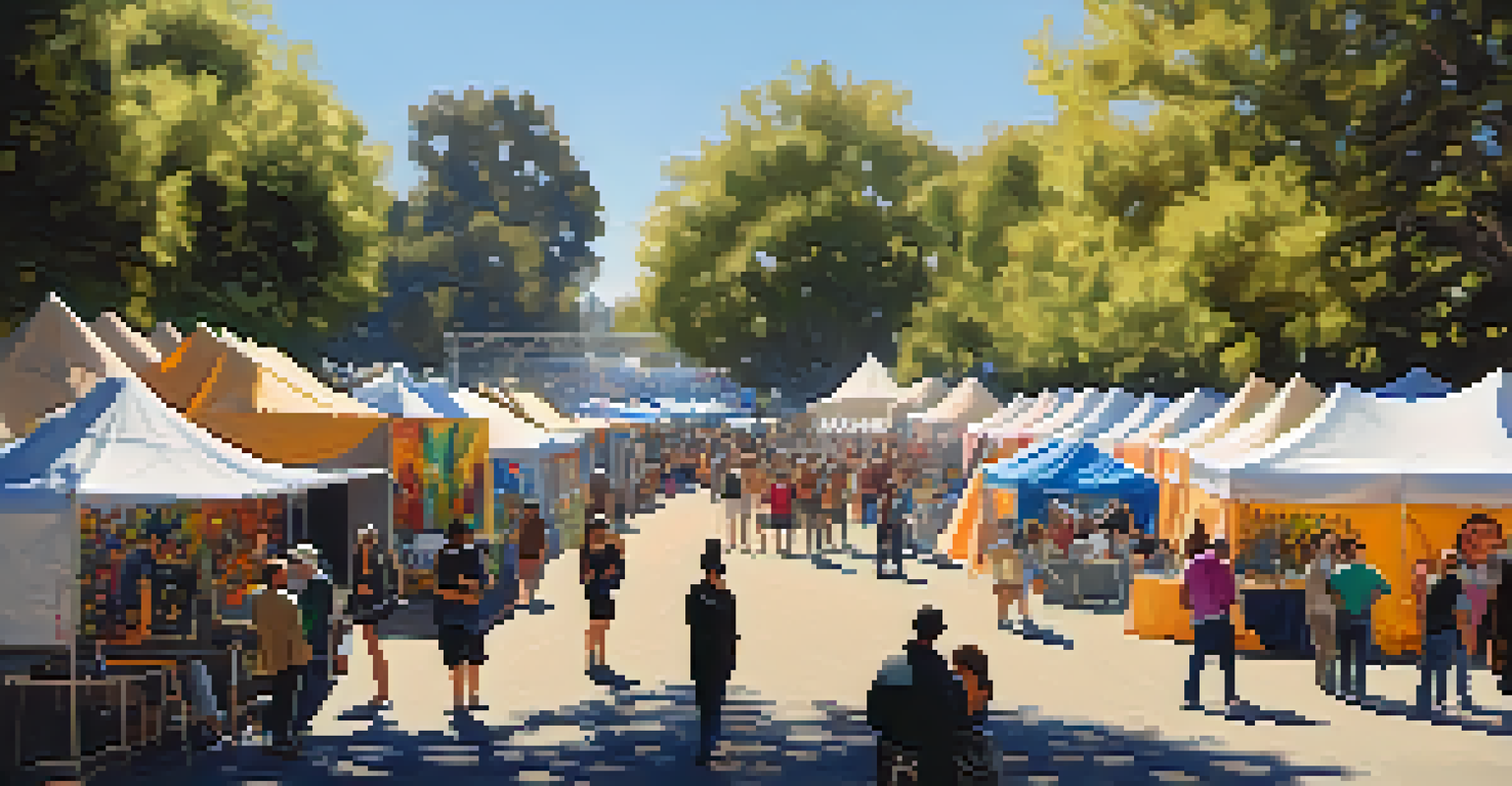 A lively outdoor art festival in Sacramento with artists displaying their work and visitors admiring art.