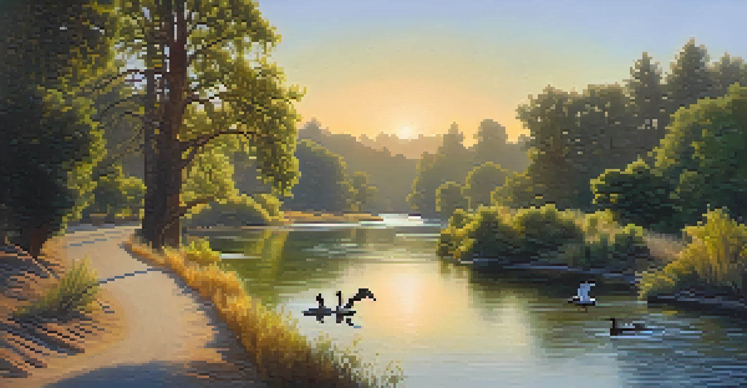 A scenic view of the American River Parkway with a trail, showcasing ducks and raptors in a tranquil setting during golden hour.