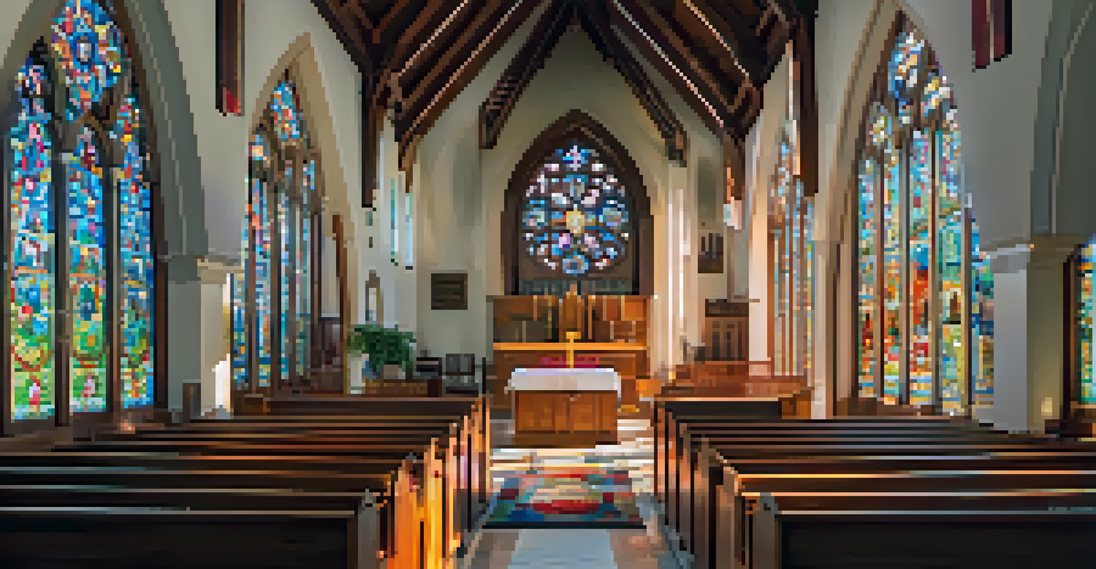 The interior of St. Paul's Episcopal Church, featuring colorful stained glass windows and a tranquil worship environment.