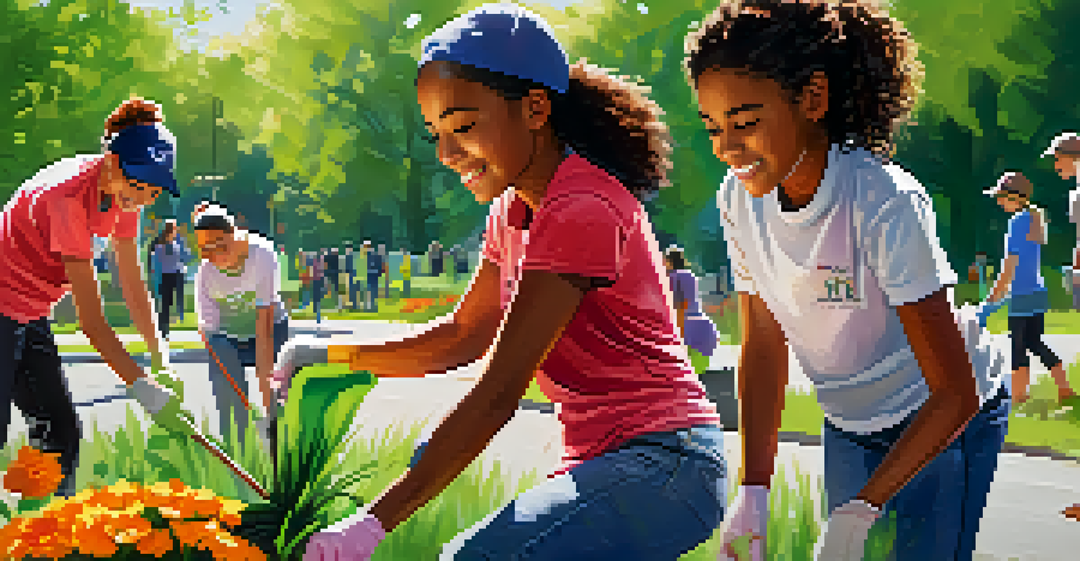 Young volunteers cleaning up a park in Sacramento, working together and planting flowers in a lush green environment.