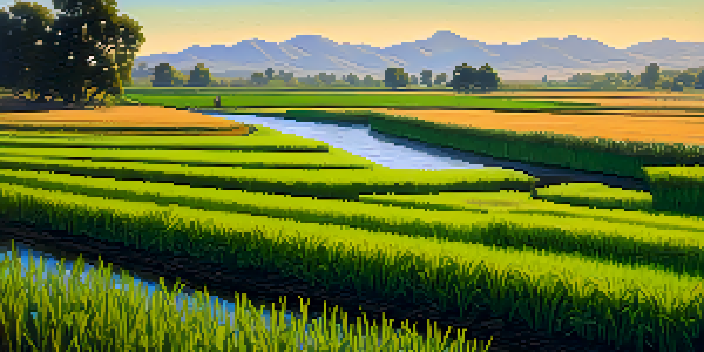 A farmer working in vibrant green rice fields with a river and hills in the background under a clear blue sky.