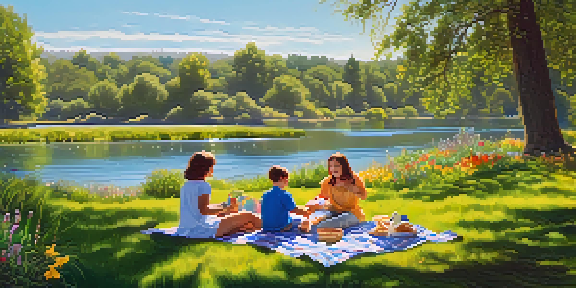 A family having a picnic by the Sacramento River, with trees and colorful flowers in the background.