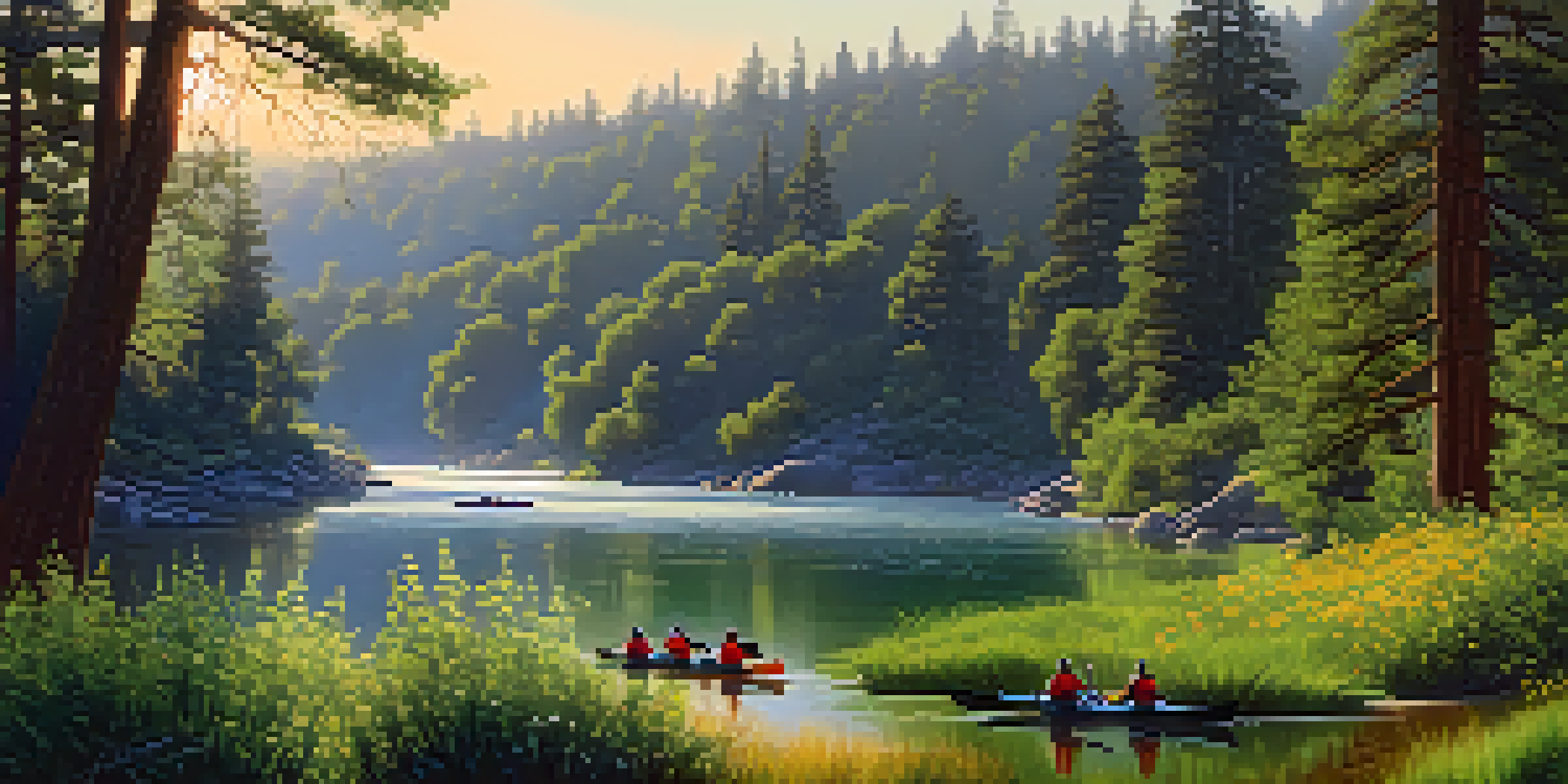 A scenic view of the American River with kayakers in a lush forest, illuminated by golden sunlight.