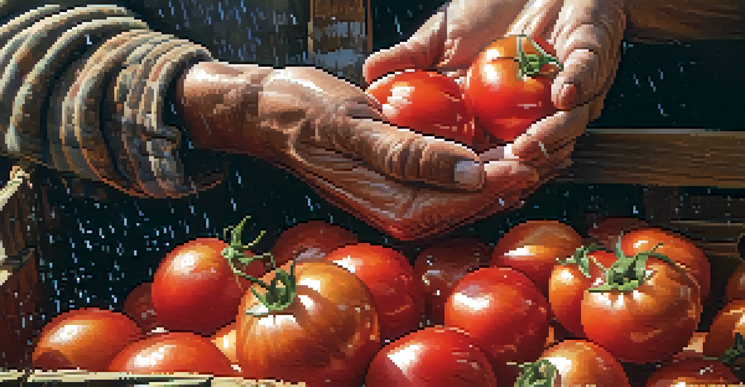 Close-up of a farmer holding freshly harvested tomatoes with water droplets on them.