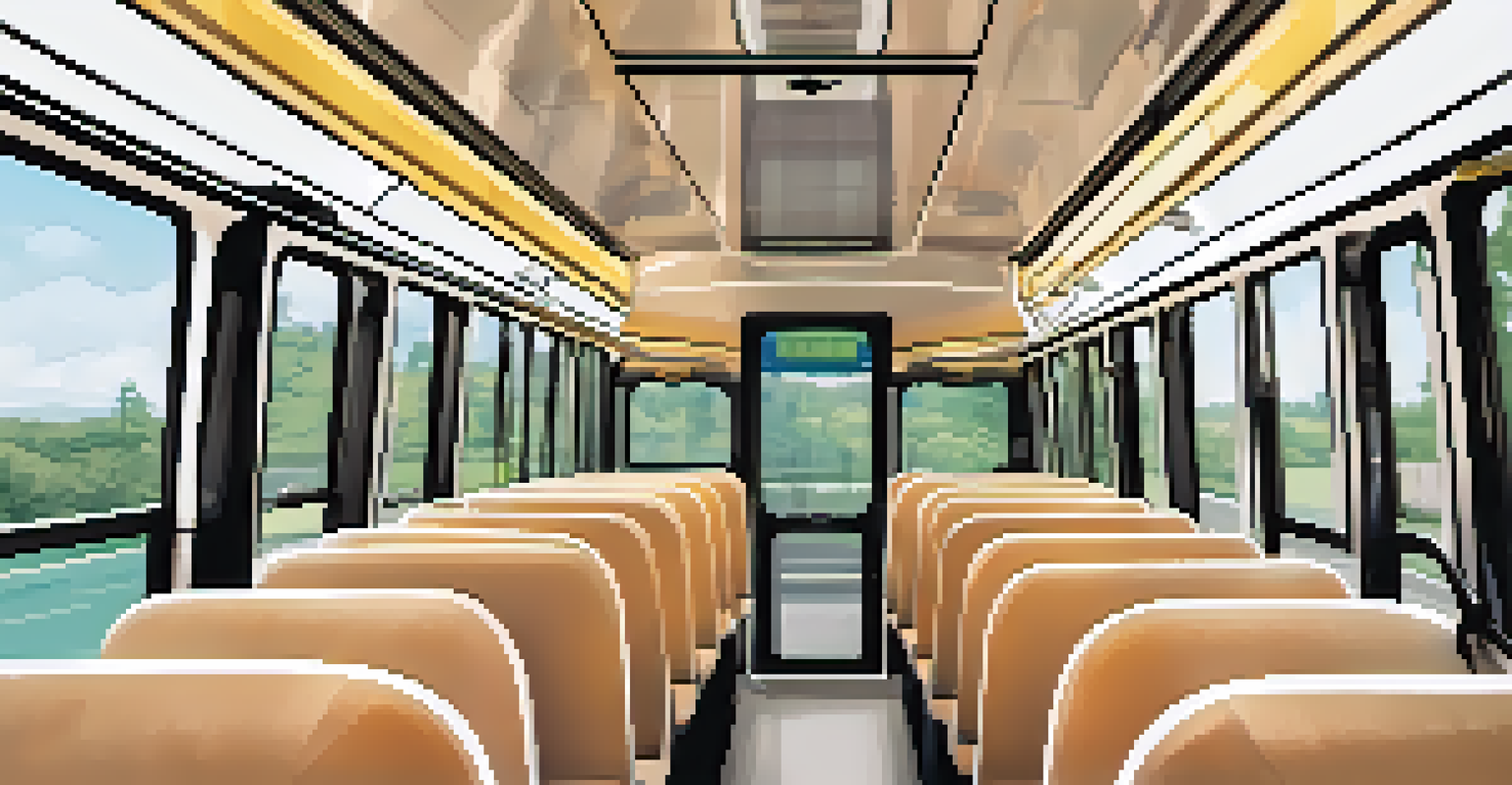 Interior of an electric bus with comfortable seating and digital displays in a modern design.