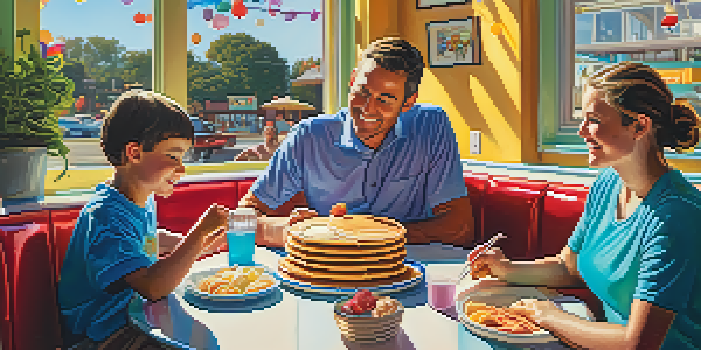 A family enjoying large pancakes in a colorful diner with a cheerful atmosphere.
