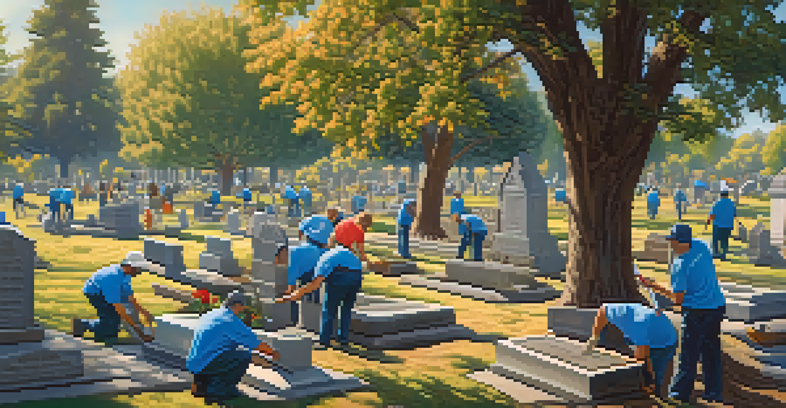Volunteers participating in a community clean-up event at a historic cemetery, showcasing teamwork and diversity.
