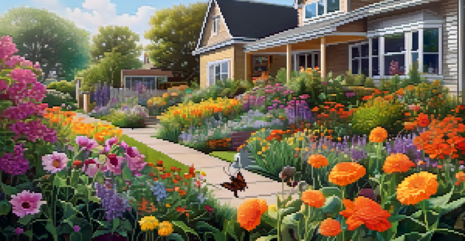 An urban garden bursting with colorful native flowers and insects like butterflies and bees.