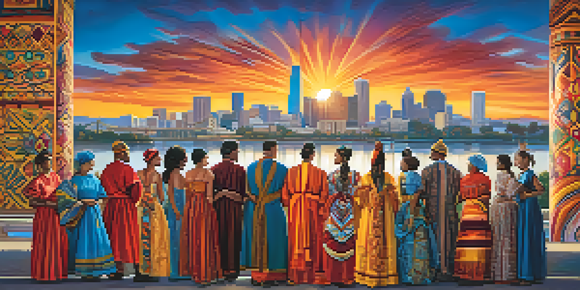 A colorful mural showcasing cultural diversity with figures in traditional clothing, framed by the Sacramento skyline at sunset.