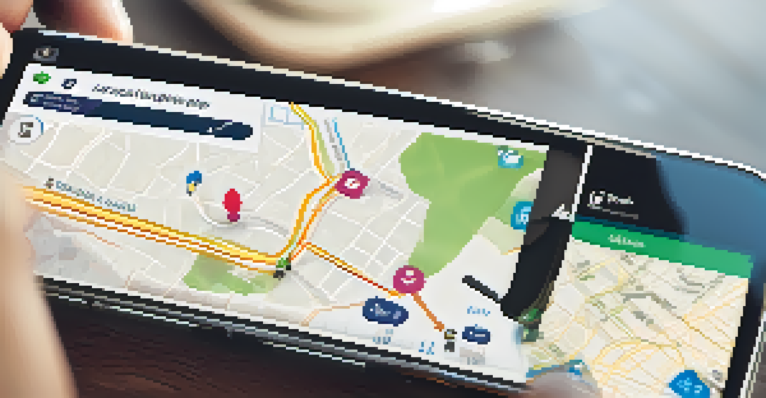 Close-up of a smartphone showing a carpooling app, held by a commuter in a café with a coffee cup.