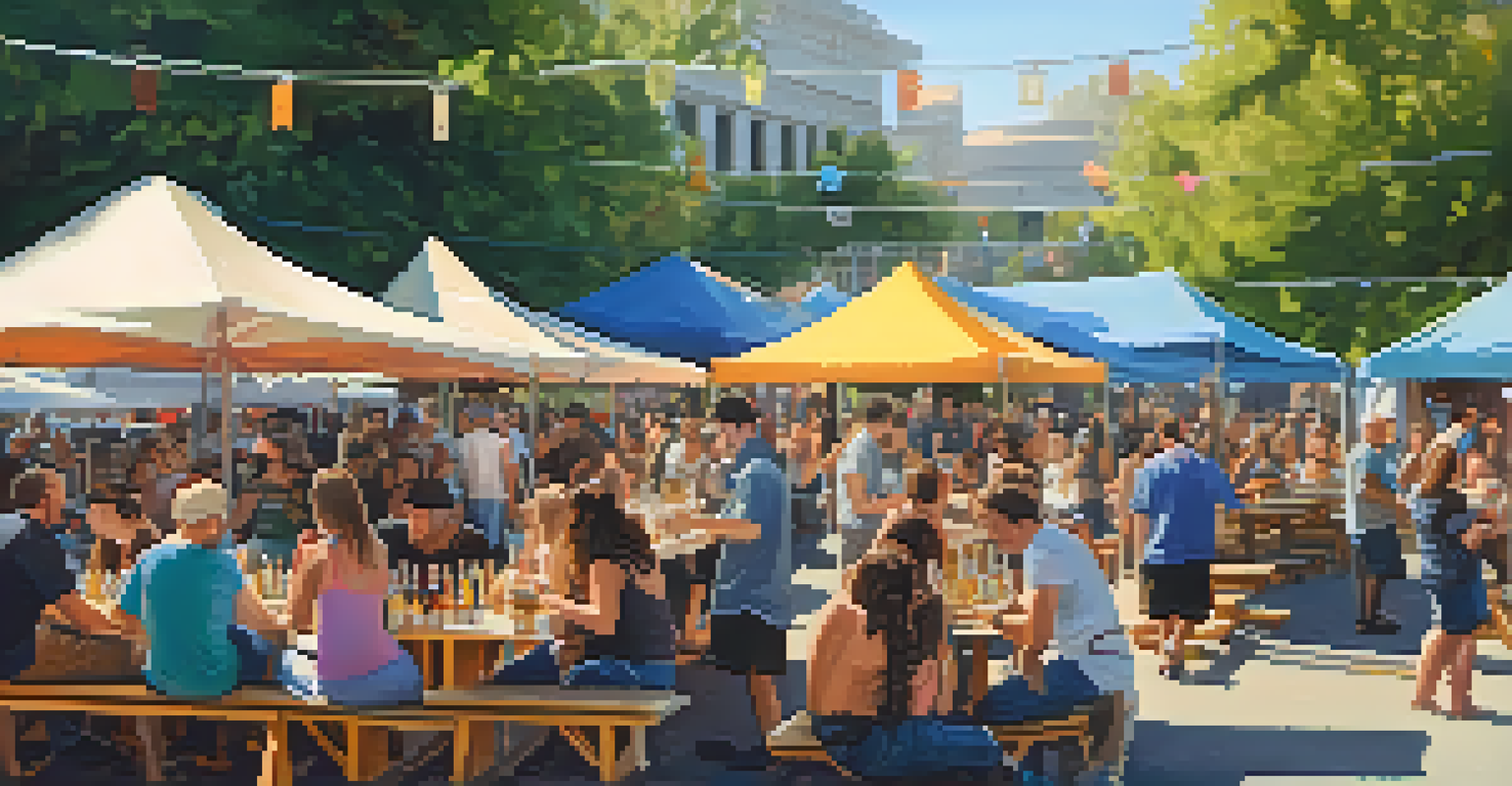 An outdoor craft beer festival scene with people enjoying drinks and food stalls under colorful banners.