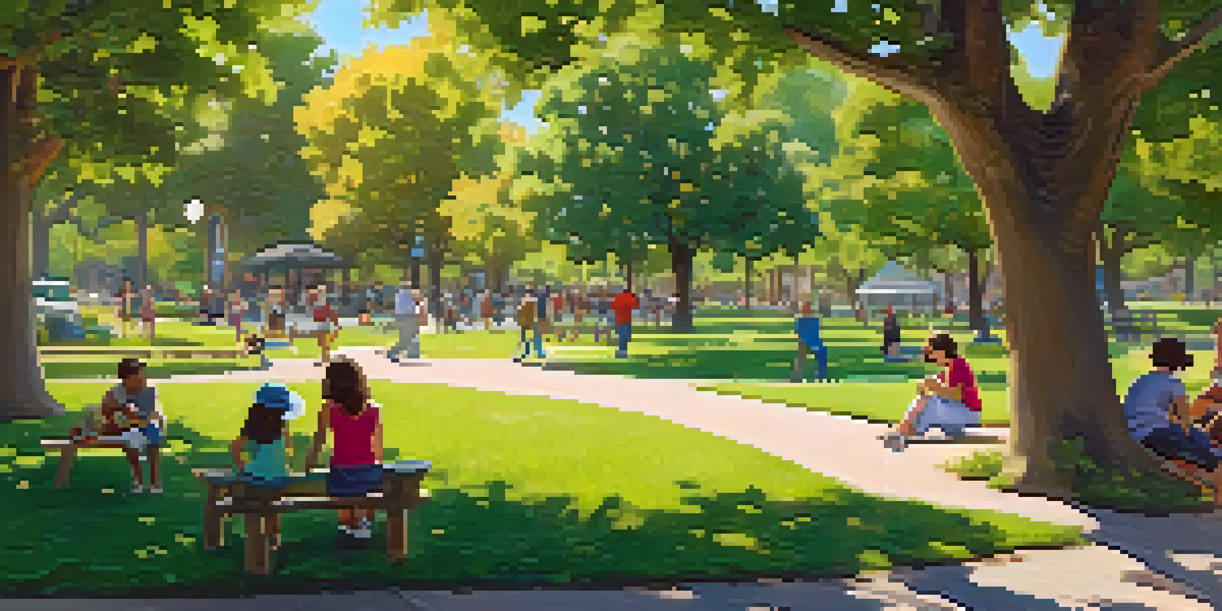 A lively park scene in Sacramento with families, children playing, and friends enjoying outdoor activities under a clear sky.