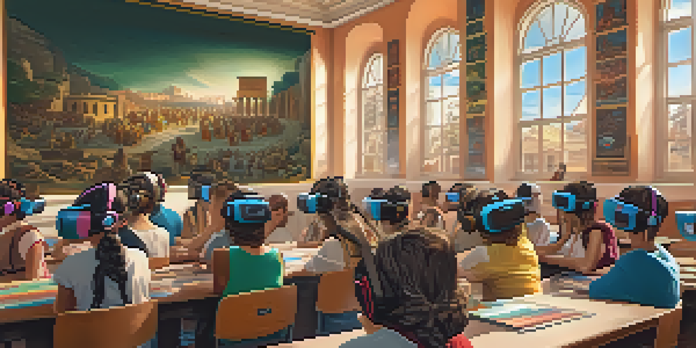 A classroom with students using virtual reality headsets to learn about ancient Rome, surrounded by educational posters.