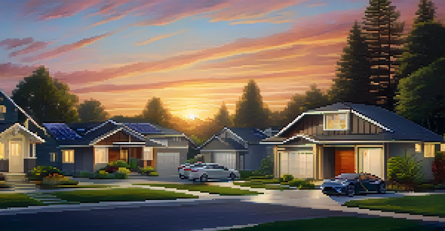A peaceful Sacramento neighborhood with modern smart homes surrounded by greenery and illuminated by a sunset.