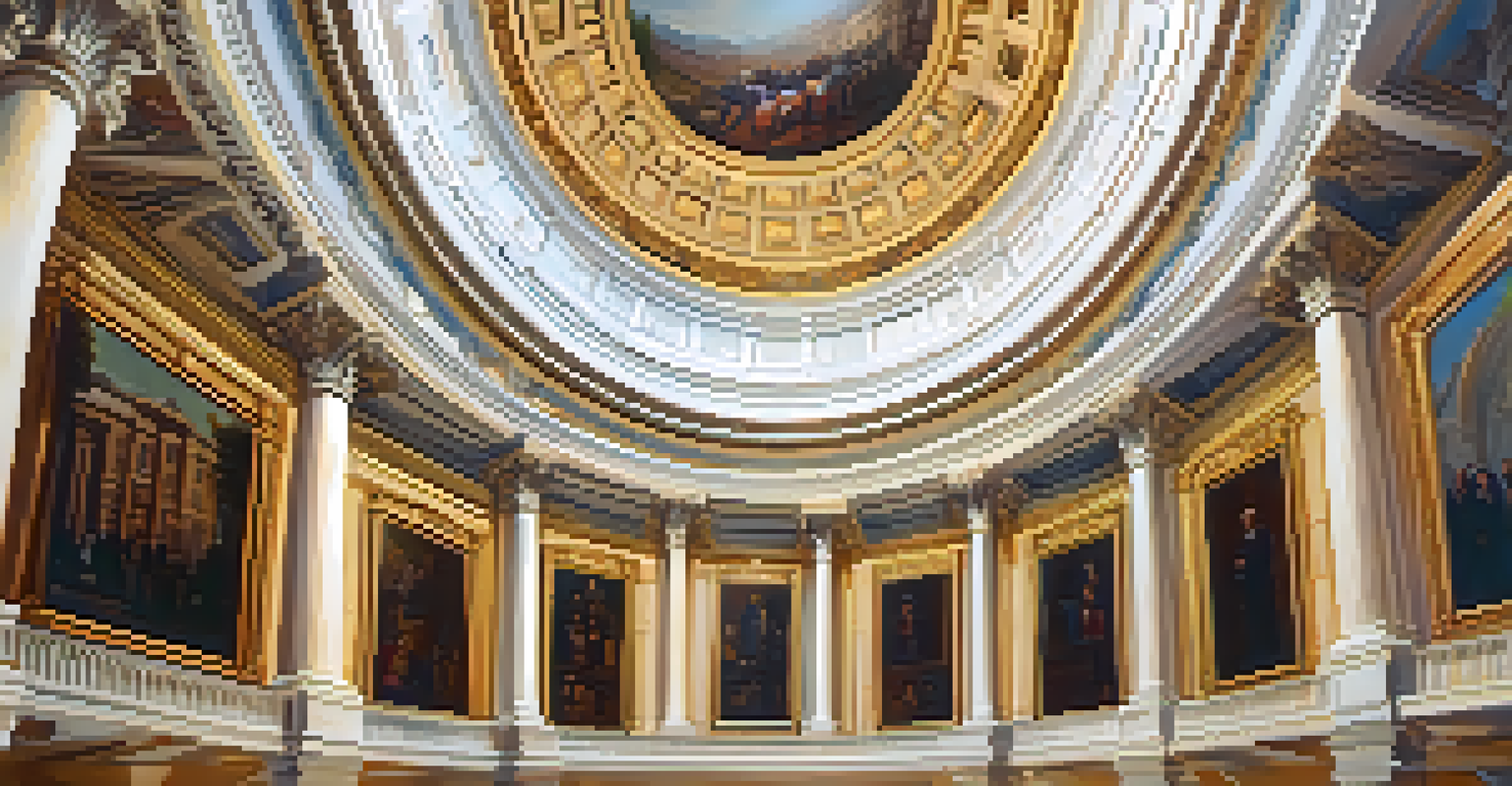 An interior view of the marble rotunda of the California State Capitol, showcasing murals and portraits with natural light.
