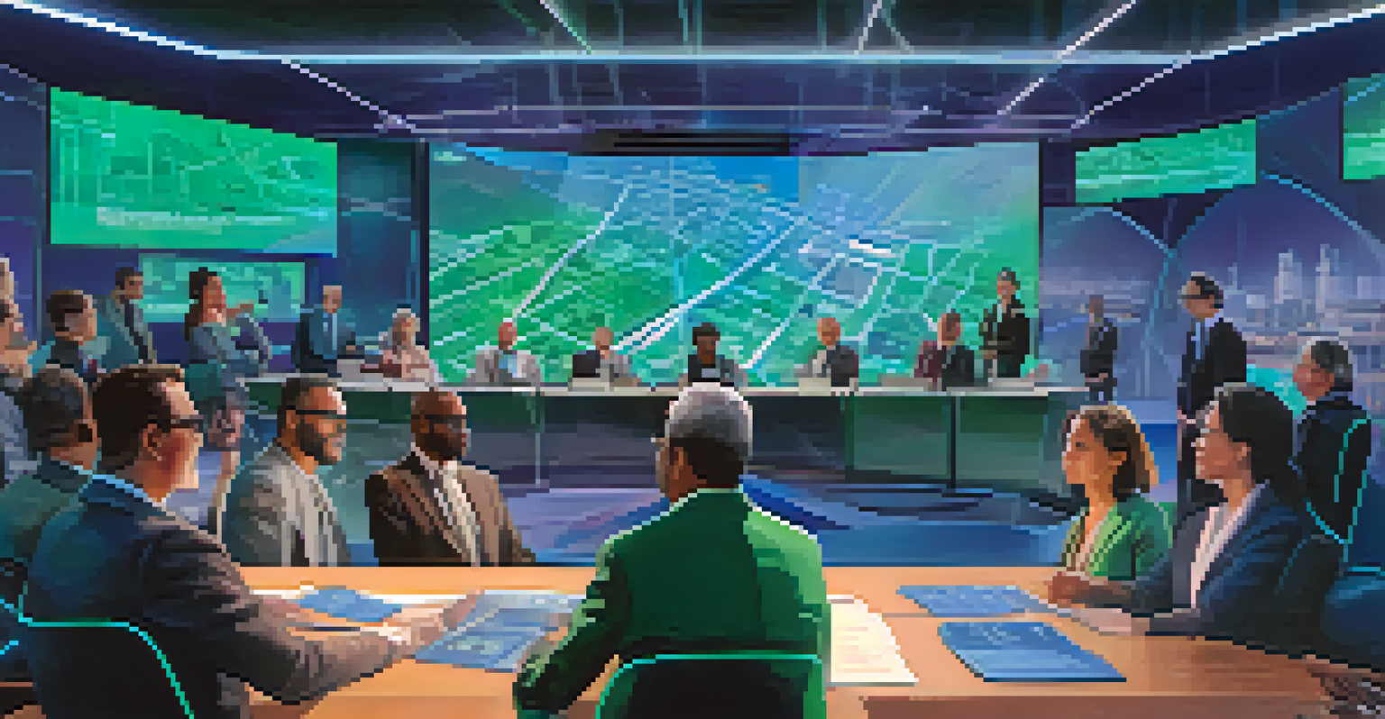 A futuristic digital representation of a Sacramento City Council meeting with holographic displays and virtual participation from residents.