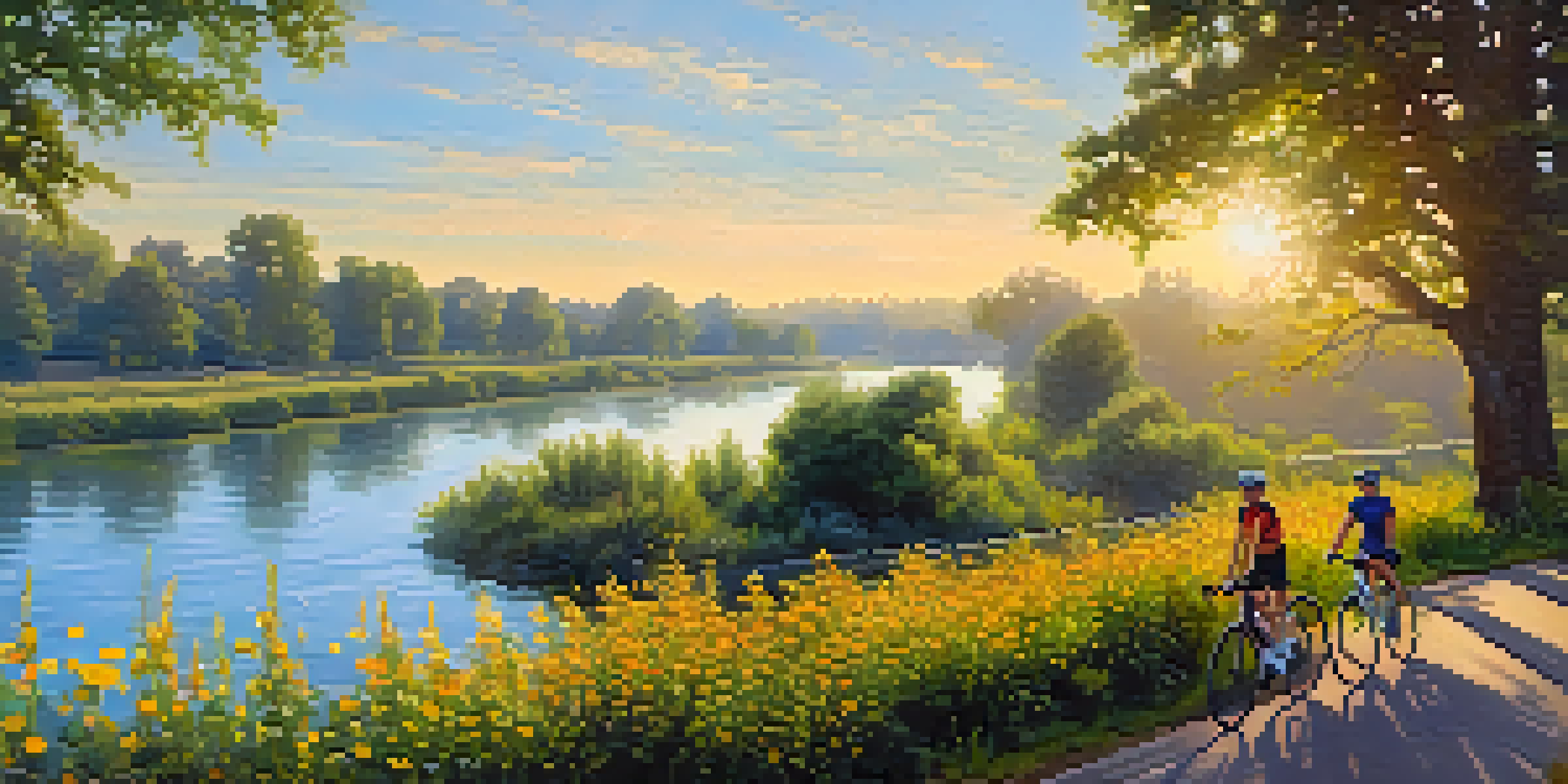 A cyclist riding on a sunny day along the American River Bike Trail, with lush trees and a shimmering river in the background, and people enjoying picnics nearby.