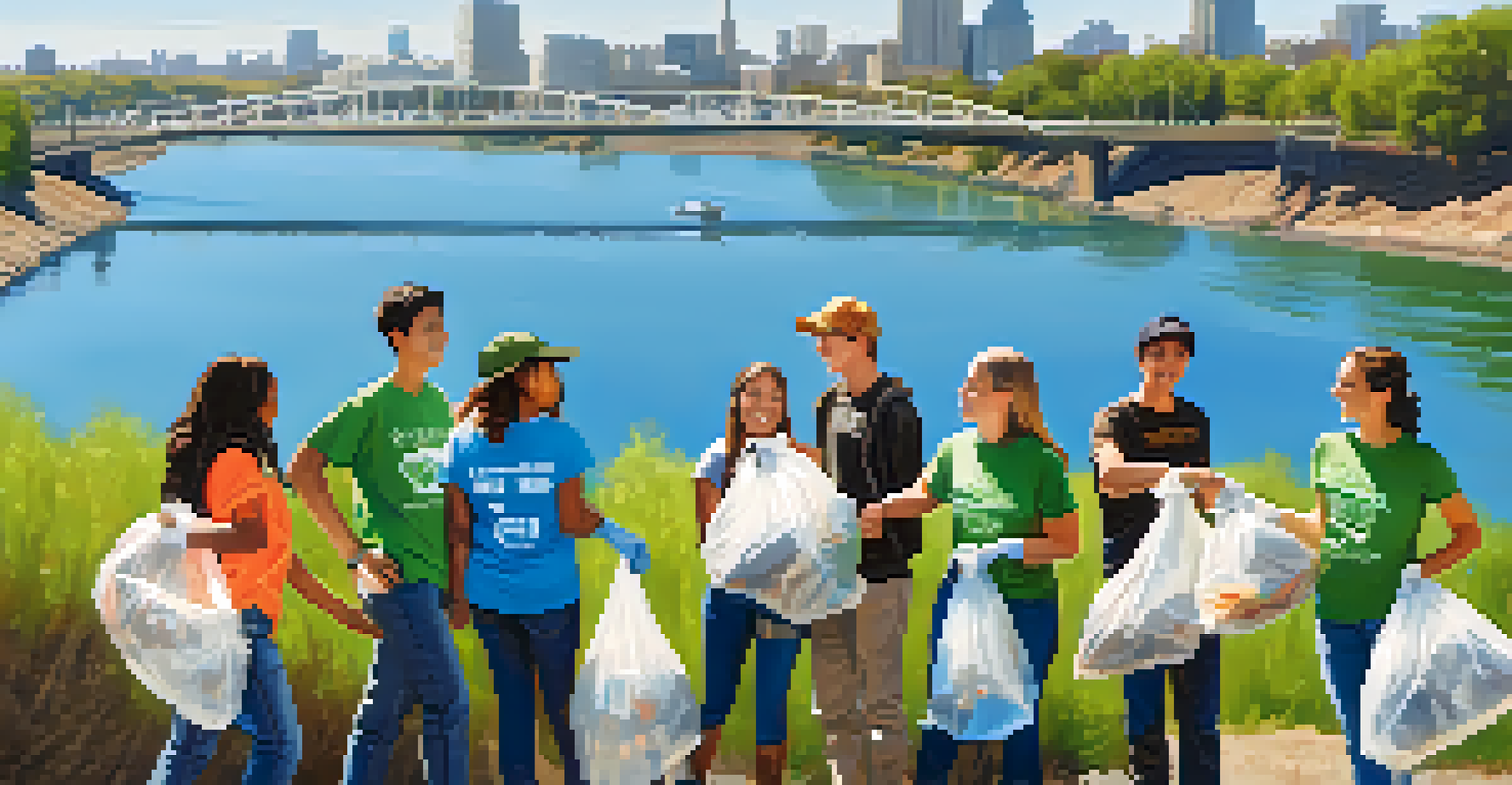 High school students participating in a river cleanup, promoting youth engagement in volunteerism.
