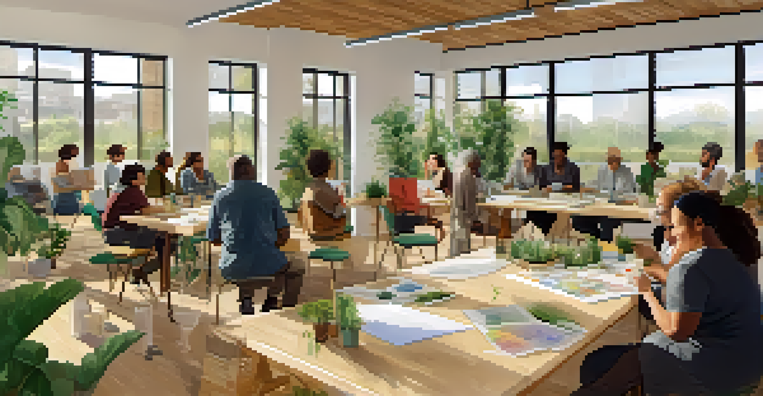 A lively community workshop focused on sustainability with diverse participants learning about green building practices.