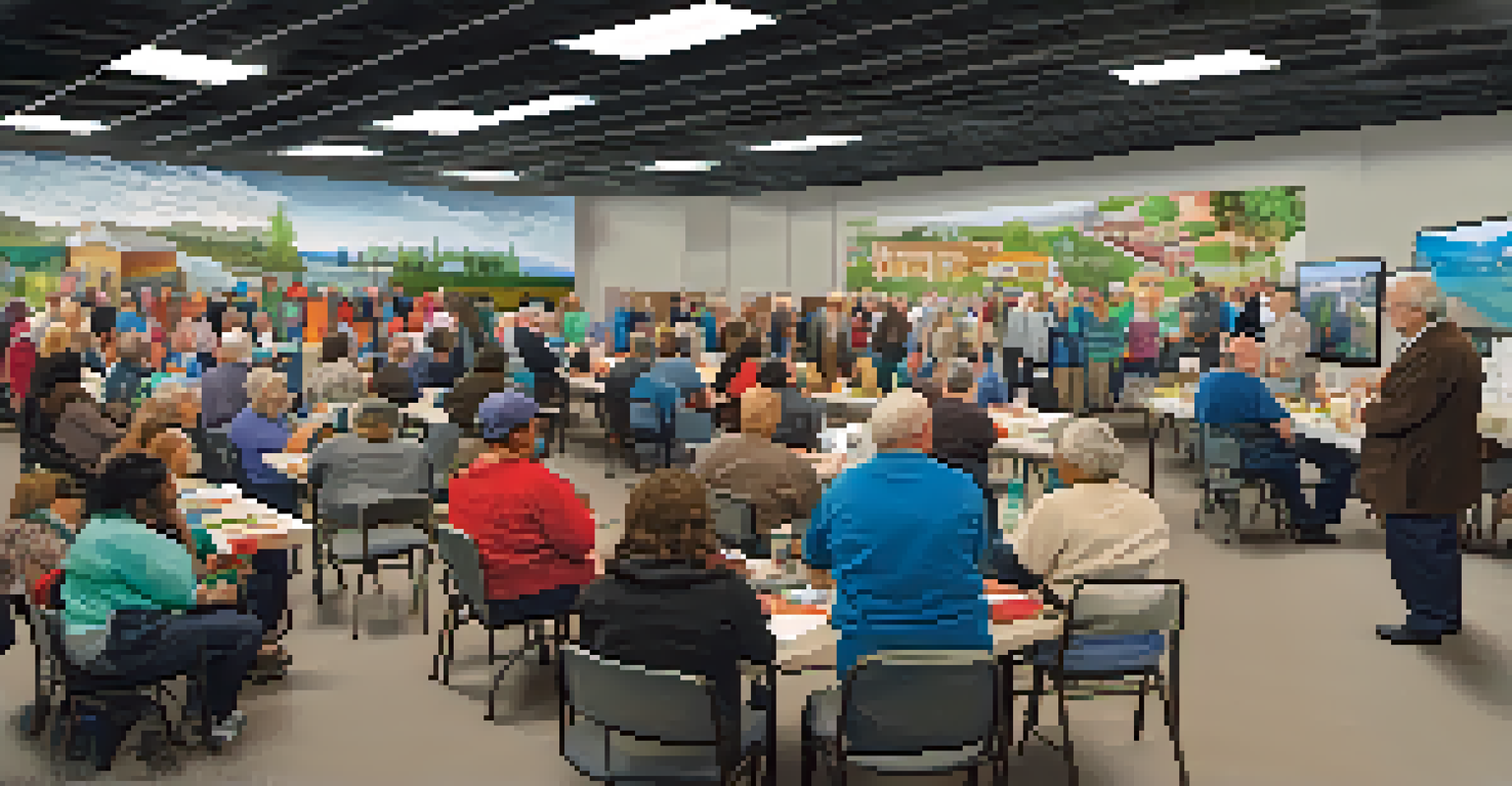 Residents participating in a disaster preparedness workshop with emergency kits and interactive displays.