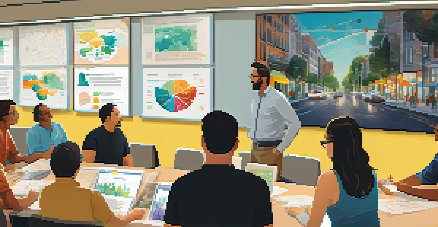 A community workshop with residents discussing smart traffic management, featuring posters and a collaborative atmosphere.
