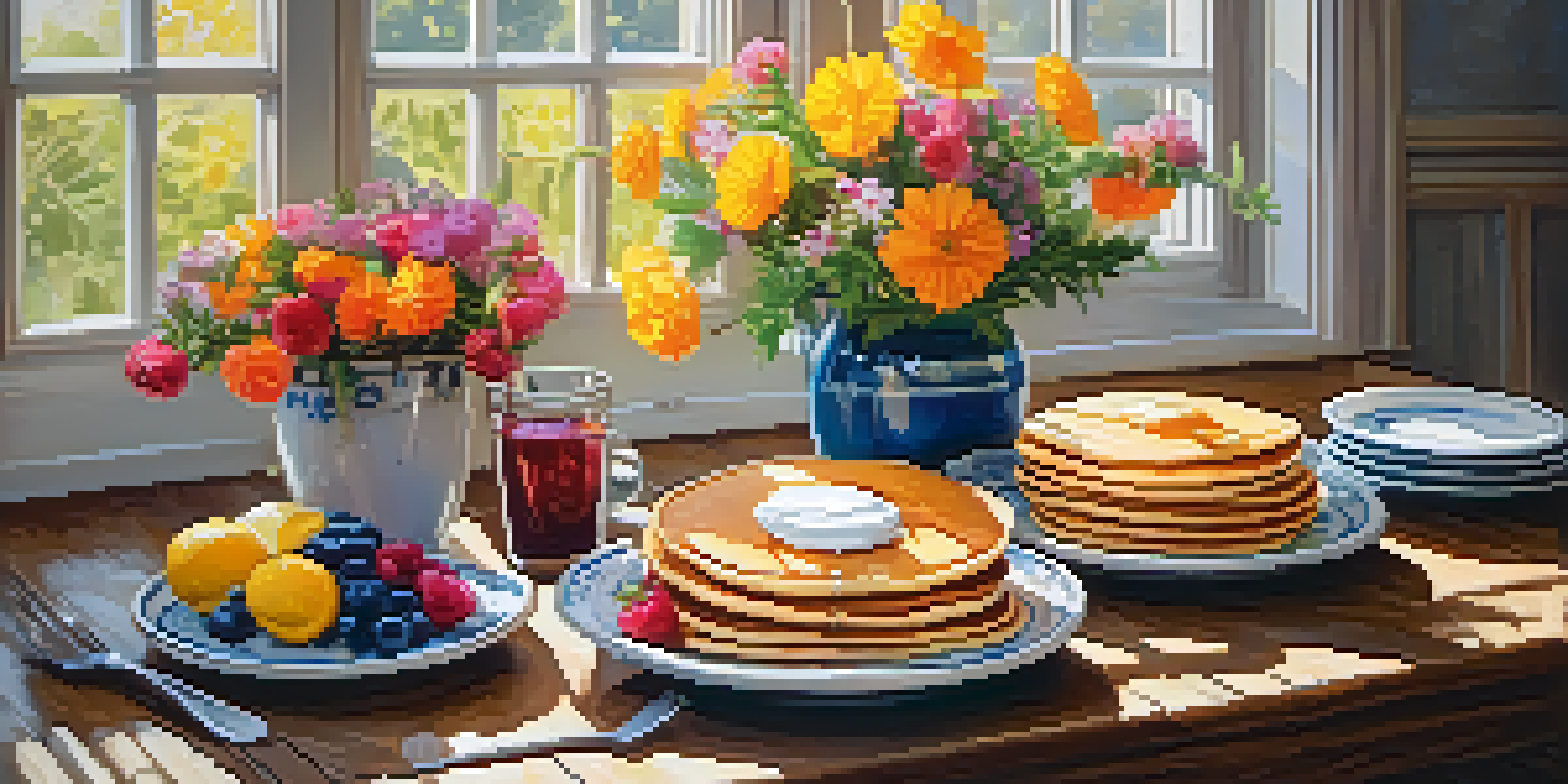 A rustic brunch table with pancakes topped with berries, a glass of mimosa, and wildflowers under soft morning light.